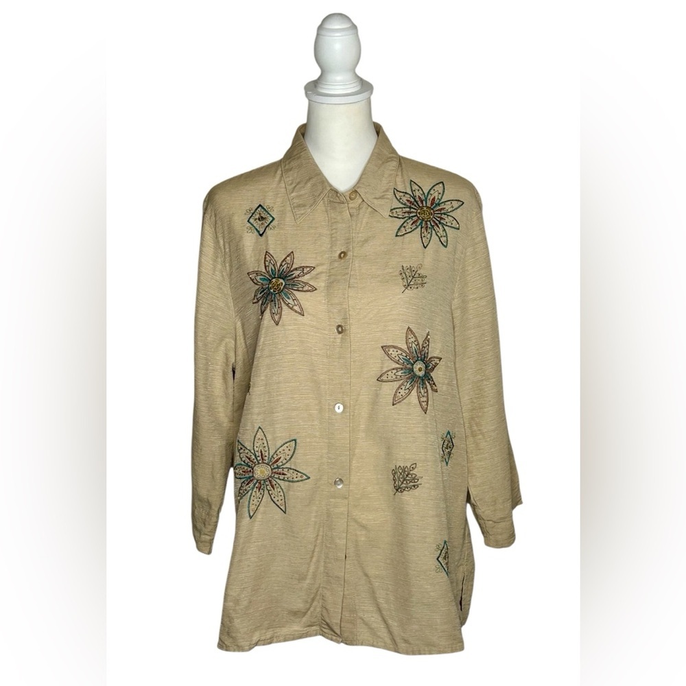 Alfred Dunner Cano San Lucas Beige 100% Silk floral embroidered EUC Sz 16 boho